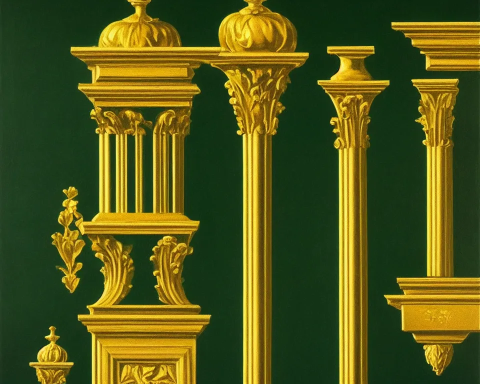 Image similar to an achingly beautiful print of gold clocks and corinthian capitals on a dark green wall by Raphael, Hopper, and Rene Magritte. detailed, romantic, enchanting, trending on artstation.