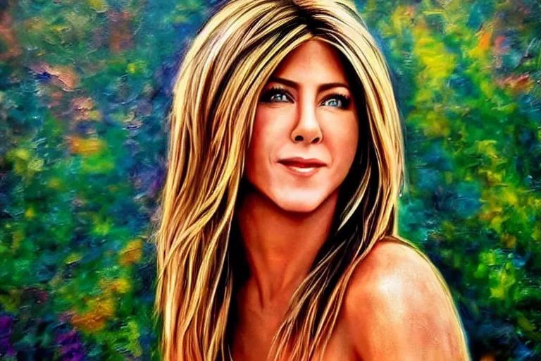 Image similar to jenifer aniston, fantasy, painting, ultra realistic!!!, clear weather, golden hour, sharp focus