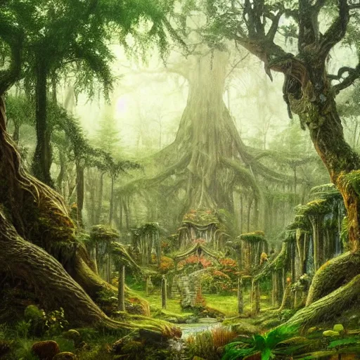 Prompt: a beautiful and highly detailed oil painting of an overgrown elven forest temple in the misty mountains, detailed plants and trees and flowers, intricate details, epic scale, insanely complex, 8 k, sharp focus, hyperrealism, fantasy landscape, psychedelic patterns, by caspar friedrich and james gurney,