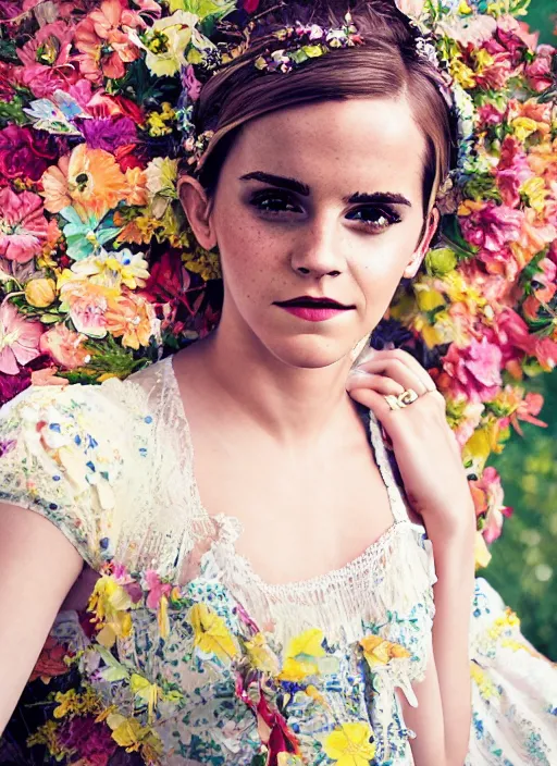 Image similar to Emma Watson for Victorian Secret, perfect face, hot summertime hippie in the rain, psychedelic Wedding Dress, full length shot, XF IQ4, 150MP, 50mm, f/1.4, ISO 200, 1/160s, natural light, Adobe Photoshop, Adobe Lightroom, DxO Photolab, Corel PaintShop Pro, rule of thirds, symmetrical balance, depth layering, polarizing filter, Sense of Depth, AI enhanced