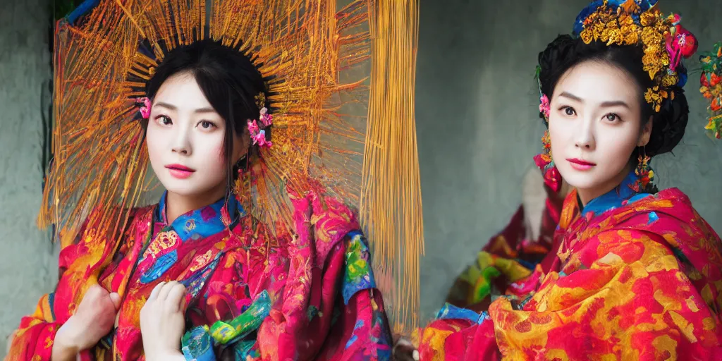 Image similar to photo portrait of chinese actress, beauty in traditional costume in real life by Steve McCurry, colorful, sharpen, 4k, 85mm, award winning, realistic, professional light