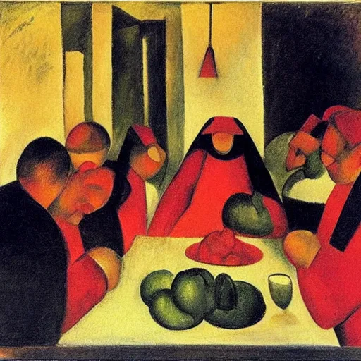 Image similar to by kathe kollwitz, by august macke awesome cardinal. a beautiful body art of a group of people gathered around a table in a tavern. they are all eating & drinking, & appear to be enjoying themselves.