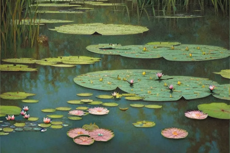 Image similar to pale teal rain beside pond with waterlilies, fantasy, intricate, elegant, dramatic lighting, emotionally evoking symbolic metaphor, highly detailed, lifelike, photorealistic, digital painting, artstation, concept art, smooth, sharp focus, illustration, art by John Collier and Albert Aublet and Krenz Cushart and Artem Demura and Alphonse Mucha