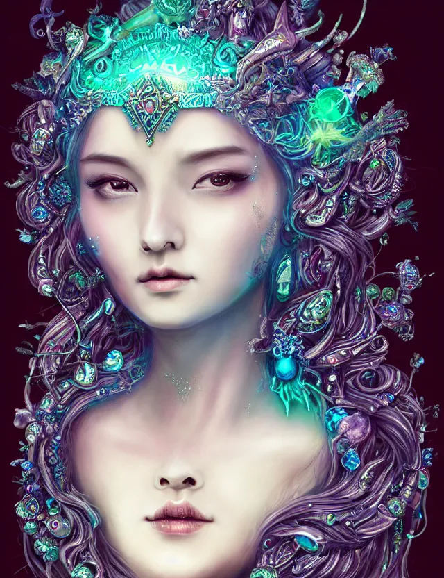 Image similar to goddess portrait by jessica oyhenart in crown made of skull, bioluminiscent, plasma, ice, water, wind, whimmy, super intricate ornaments artwork by 翼 次 方 cg