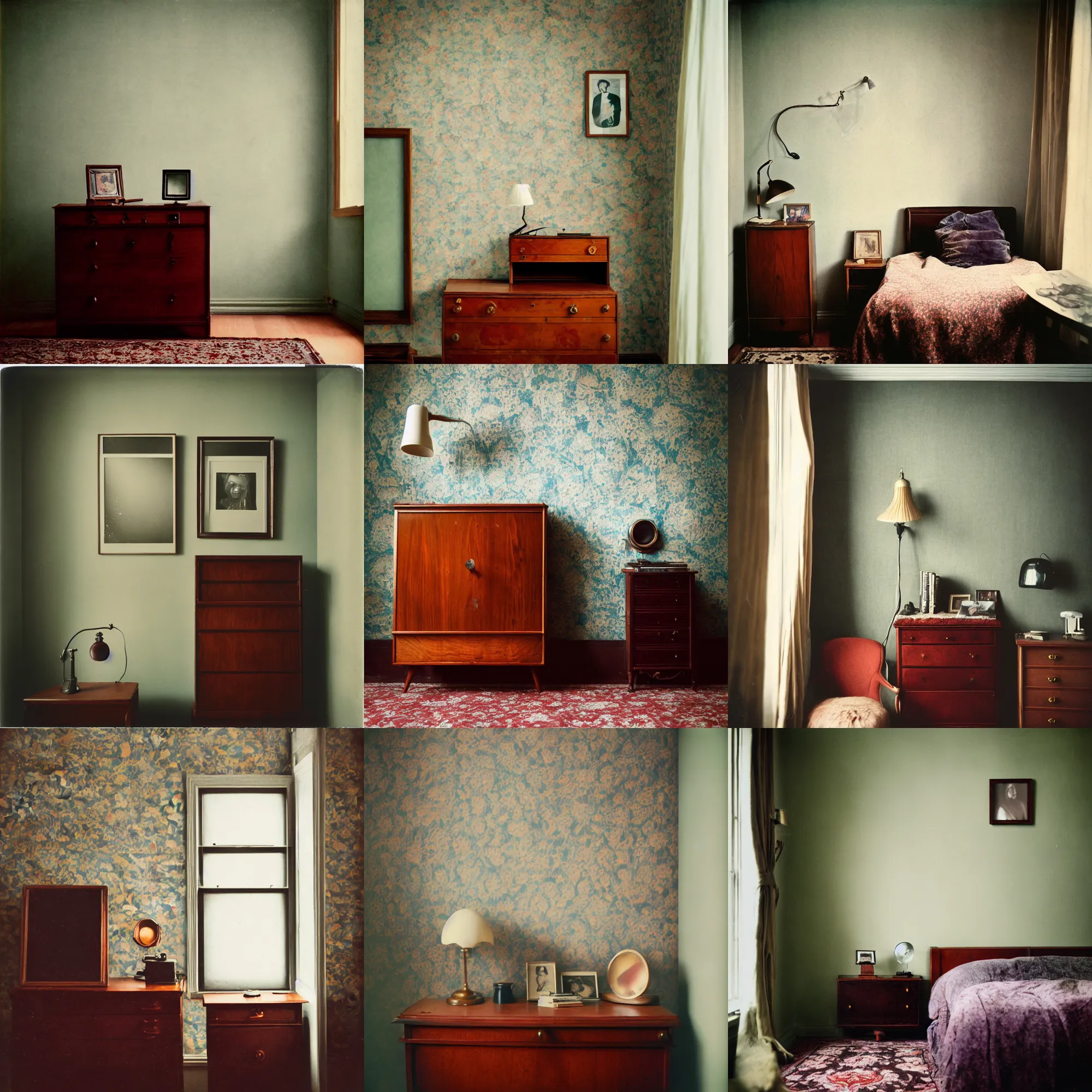 Image similar to kodak portra 4 0 0, wetplate, fisheye, award - winning portrait photo by britt marling, 1 9 2 0 s room, picture frames, 1 9 2 0 s furniture, wallpaper, carpet, shining lamp,, muted colours, blueberry, wood, fog,