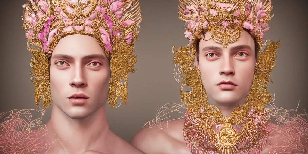 Prompt: studio portrait of a beautiful flawless symmetrical man wearing intricate otherworldly gold and white jewelry and wearing an ornate elegant pink headdress, very detailed, octane render, photorealism, minimalism, abstract art, retrofuturism, f / 2. 8, digital art, on artstation
