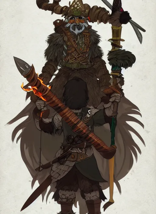 Image similar to bugbear ranger, black beard, dungeons and dragons, hunters gear, flaming sword, jeweled ornate leather armour, concept art, character design on white background, by studio ghibli, makoto shinkai, poster art, game art