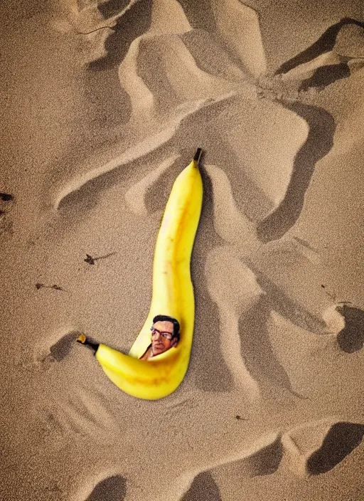 Image similar to jeff goldblum as a banana on the sand of a beach