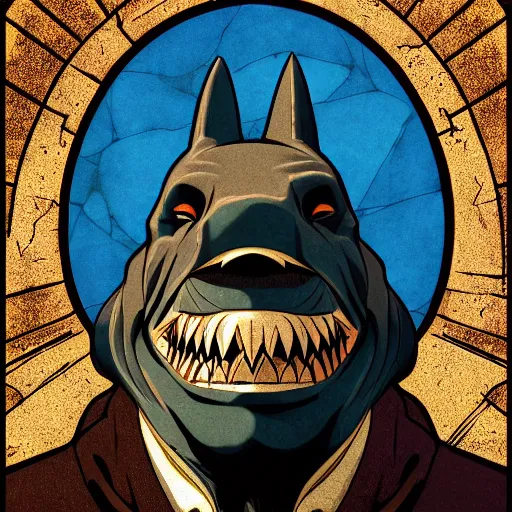 Prompt: portrait of king shark ,Grim fantasy, D&D, HDR, natural light, shoulder level shot, dynamic pose, award winning photograph, Mucha style 4k,