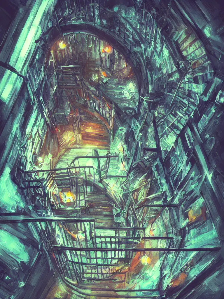 Prompt: look down a cellar staircase, neon lights, bird‘s-eye view, digital painting, concept art, smooth, sharp focus, hyperrealistic, illustration, artstation trending