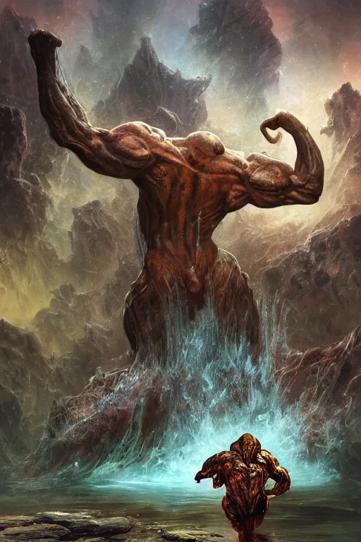 Image similar to a huge muscular demon with ram's horns emerges from a pond on rocky alien world, water splashing cascading, alien flora and fauna, space background nebula nasa, by ruan jia, jack kirby, norman rockwell, wayne barlow, sergey krasovskiy, zdzislaw beksinski, boris vallejo, artstation creature