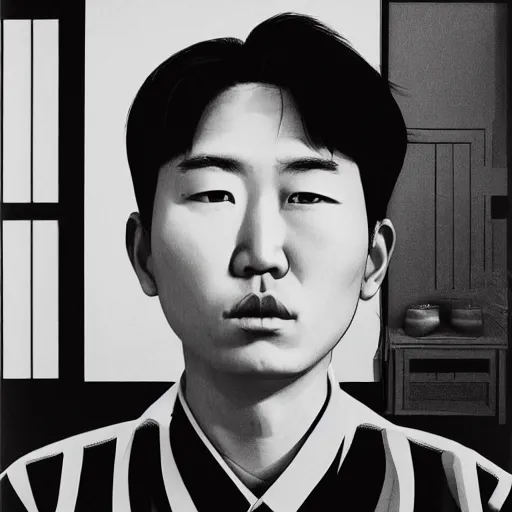 Image similar to hyperralism araki hobuyoshi style photography of hyperrealism detailed north korean kim chen with perfect face playing detailed xbox and smoking weed in basement bedroom