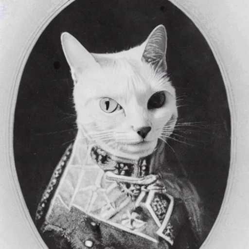 Prompt: A cat wearing a spiked helmet, Prussia, black and white