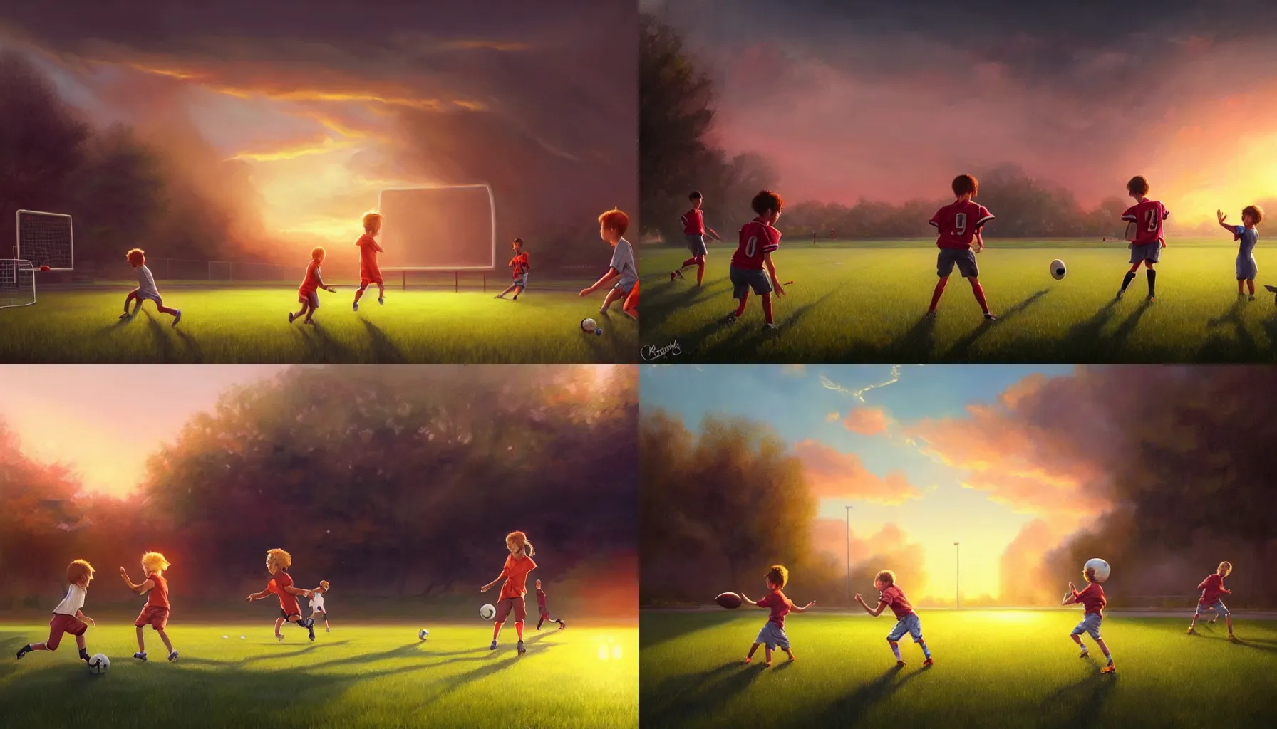 Image similar to beautiful painting of backyard football field with a pair of playing children during sunset, wide shot, digital painting, intricate details, trending on artstation, concept art, octane render, realistic, highly detailed, smooth, sharp focus, beautiful, 4 k, 8 k, hd, art by charlie bowater and artgerm and greg rutkowski