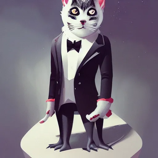 Image similar to cute fashion vogue kittycat man man wearing a cat costume wearing a tuxedo ripped physique gerald brom bastien grivet greg rutkowski portrait