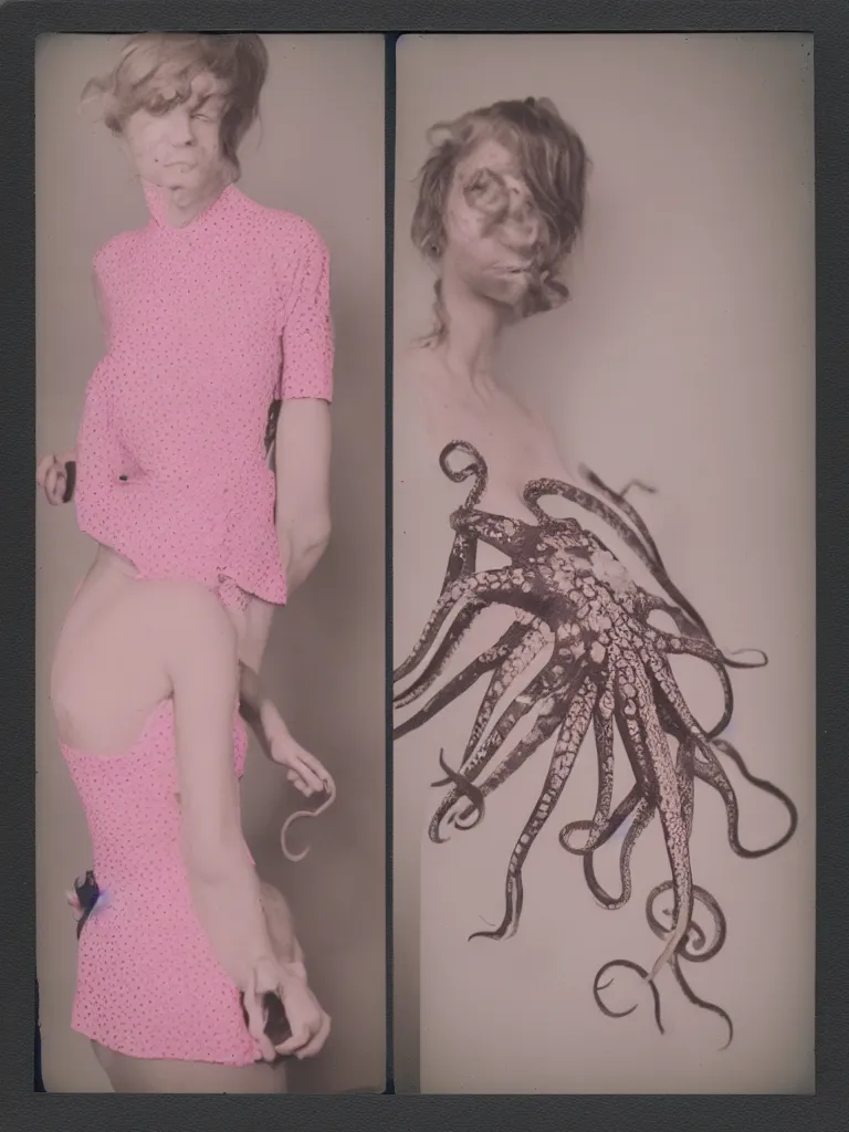 Prompt: Polaroid of an octopus in a pink polkadot dress at her high school prom, portrait by David friedric