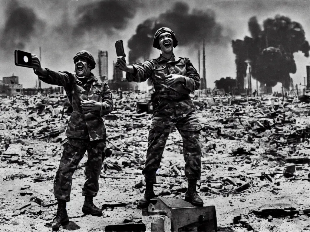 Image similar to a hysterical smiling soldier taking selfies, posing in front of bombed city, explosions in the background, close ups, war scenery, surrealism aesthetic, technicolor tv, noise