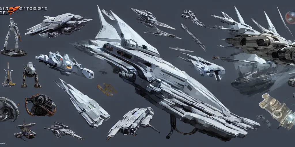 Image similar to Futuristic sci-fi props and gadget, hard surface, collection ,kitbash, parts, Shape and form, in watercolor gouache detailed paintings , hull, elite dangerous, star citizen , modular, pieces , golden ratio, mobius