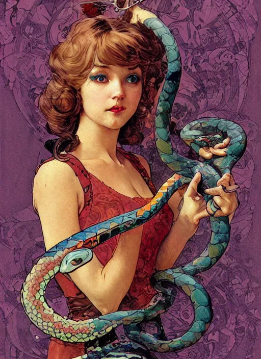 Image similar to an art nouveau copic maker illustration of a russian girl holding a snake by kilian eng, john berkey and norman rockwell