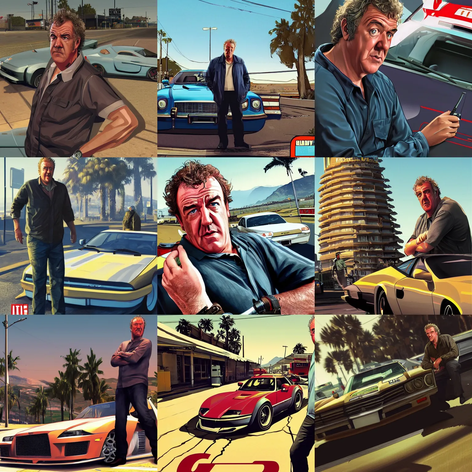 Prompt: Jeremy Clarkson in GTA V, cover art by Stephen Bliss, artstation, no text