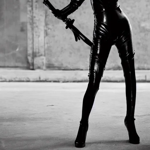 Image similar to fashion photography of an extraterrestrial model, holding a leather whip, wearing demobaza fashion, inside berghain, berlin fashion, harness, futuristic fashion, dark minimal outfit, photo 3 5 mm leica, hyperdetail, berghain, 8 k, very detailed, photo by nick knight