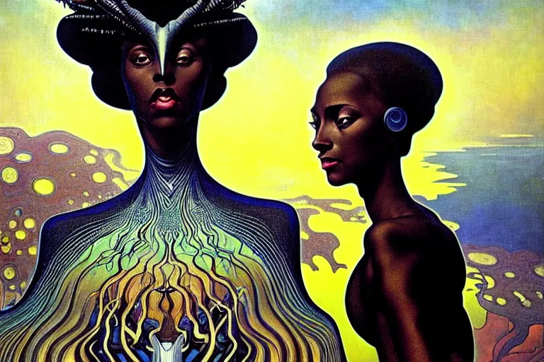 Image similar to realistic extremely detailed closeup portrait painting of a beautiful black woman wearing futuristic dress, dystopian landscape with a mutant dragon on background by Jean Delville, Amano, Yves Tanguy, Alphonse Mucha, Ernst Haeckel, Edward Robert Hughes, Roger Dean, rich moody colours