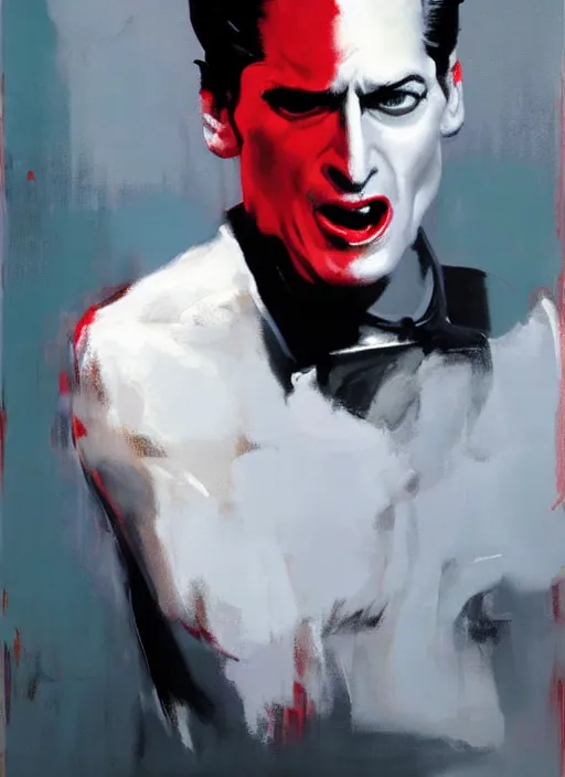 Prompt: dale cooper doppelganger, screaming, WHITE EYES!!! red curtains, painting by phil hale, 'action lines'!!!, graphic style, visible brushstrokes, motion blur, blurry