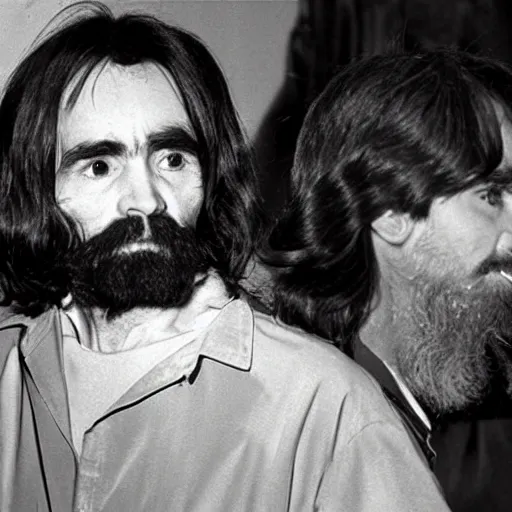 Prompt: Charles Manson as the fifth member of the Beatles