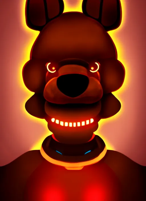 Image similar to portrait of freddy fazbear, glowing lights, highly detailed, digital painting, artstation, concept art, sharp focus, illustration