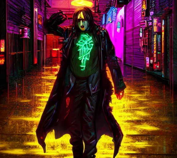 Image similar to an epic fantasy comic book style full body portrait painting of a very beautiful synthwave cyberpunk industrial goth trent reznor as snape in the rain, neon reflections in the rain puddles, character design by mark ryden and pixar and hayao miyazaki, unreal 5, daz, hyperrealistic, octane render, cosplay, rpg portrait, dynamic lighting, intricate detail, cinematic