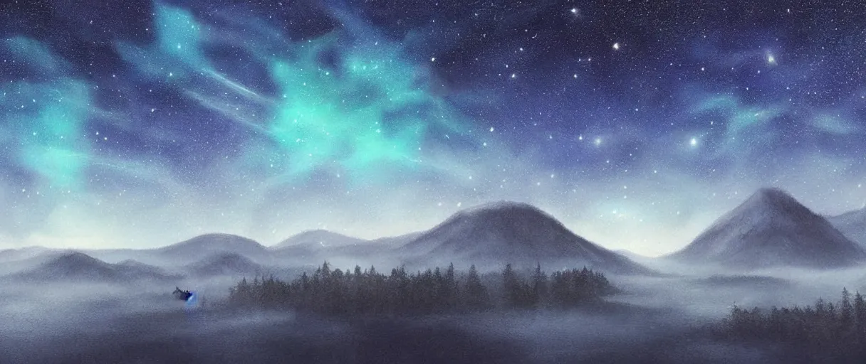 Image similar to digital painting of a ultra detailed night sky with constellations, very beautiful girl swimming in a blue pool, detailed water ripples, Perseides meteor shower, ultra detailed hill top over behind a forest, large mountains in back, concept art, low angle, high detail, warm lighting, volumetric, godrays, vivid, beautiful, trending on artstation, by Jordan Grimmer, no focus, huge scene, ultra detailed trees, F11 aperture, in the style of ALBERT BIERSTADT