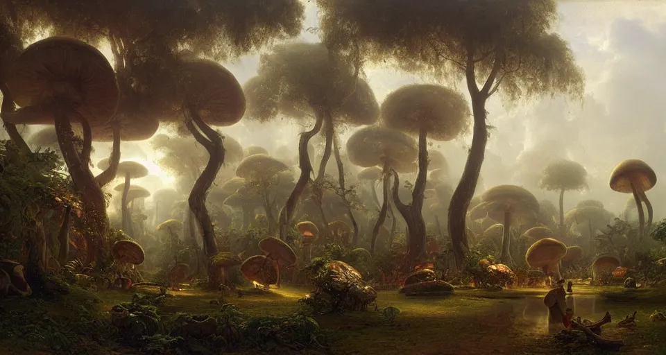 Prompt: A tribal village in a forest of giant mushrooms, by Ivan Aïvazovski,