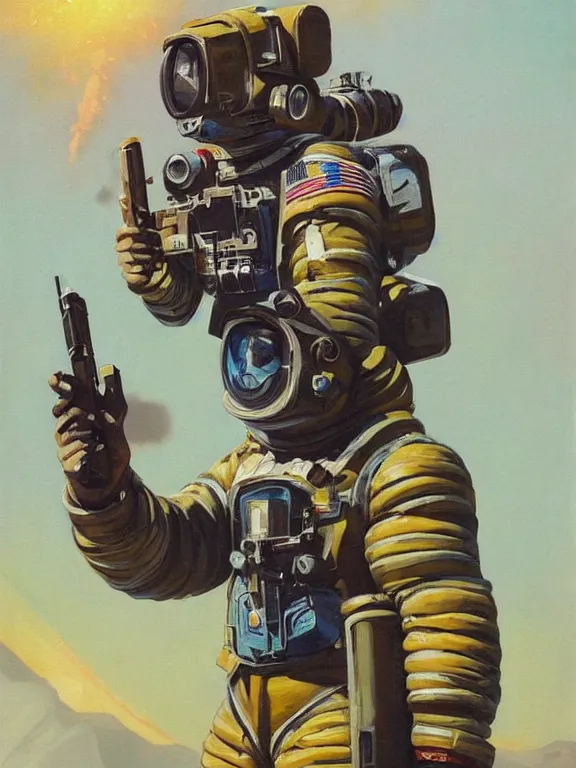 Image similar to a painting of a man in a space suit holding a gun, concept art by chris foss, cgsociety, retrofuturism, concept art, future tech, sci - fi