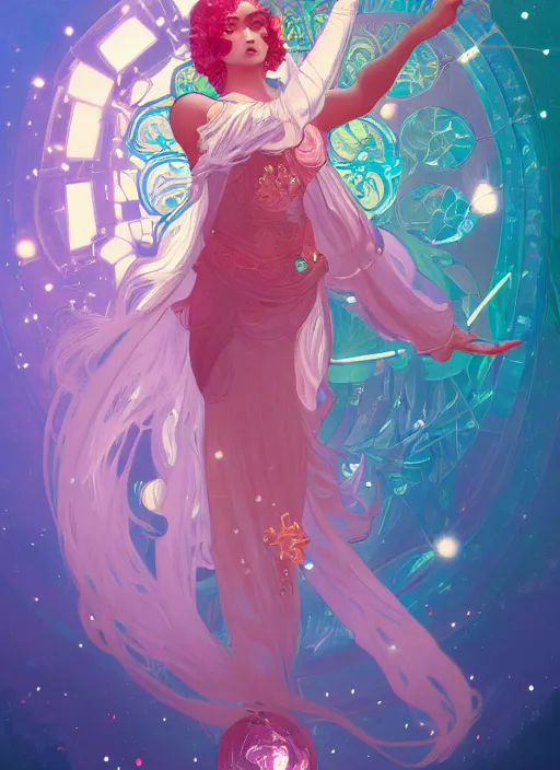 Prompt: a levitating magician surrounded by spirals of sparkling crystal, diamond and rose quartz, full body view, beautiful high quality realistic fantasy art but its hyper light drifter, trending on artstation by alphonse mucha