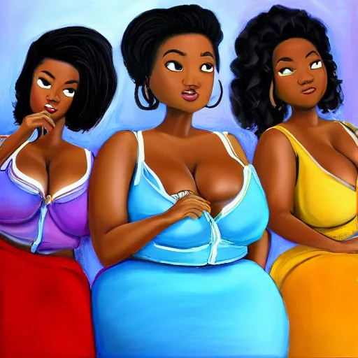 Prompt: photorealistic, stunning, coherent, beautiful painting, still of a group of black bbw models creating content taking a pictures of each other while posing in the same bed , they are all laying down, one of them is on the phone with her boyfriend , 3d, in the style of pixar, smooth, 3d, highly detailed, highly detailed, sharp focus, bokeh, depth of field, 16k resolution, Unreal Engine 5, coherent, cinematic lighting, photorealistic