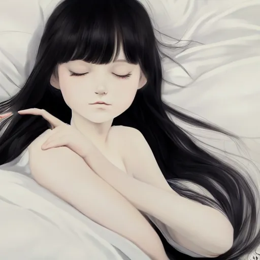 Image similar to little girl with an long black hair dressed in a simple white dress sleeping, anime art style, digital art ilya kuvshinov, inspired by balthus, hd, 4 k, hyper detailed, dark, anatomically correct, angelic face, pic