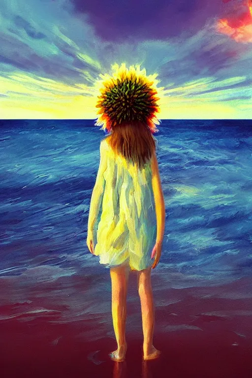 Image similar to closeup huge dahlia flower head, girl standing on beach, surreal photography, blue sky, sunrise, dramatic light, impressionist painting, digital painting, artstation, simon stalenhag