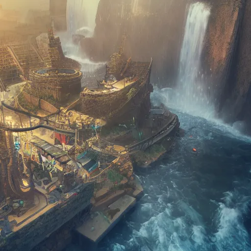 Image similar to an intricate sailpunk city a waterfall, high definition, detailed, 8 k, octane, morning light, volumetric light, artstation, deviantsrt