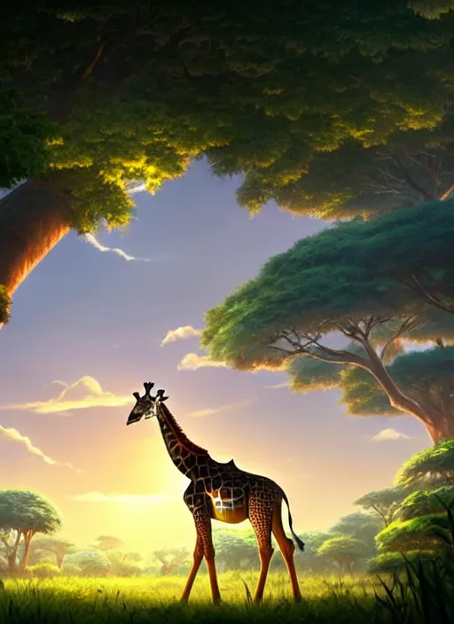 Image similar to a wholesome animation key shot of a giraffe, jungle in the background, studio ghibli, pixar and disney animation, sharp, rendered in unreal engine 5, anime key art by greg rutkowski, bloom, dramatic lighting