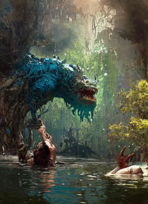 Prompt: huge towering brute swamp demon king emerging from lake on sunny day, splashing, by sergey kolesov and lawrence alma tadema and norman rockwell and greg staples and craig mullins and john berkey and ruan jia, artstation creature art, photoreal