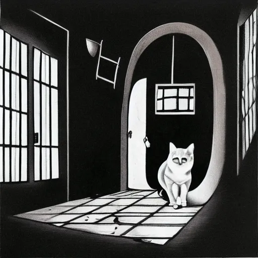 Prompt: a cat in floor inside a dark house, surrealism