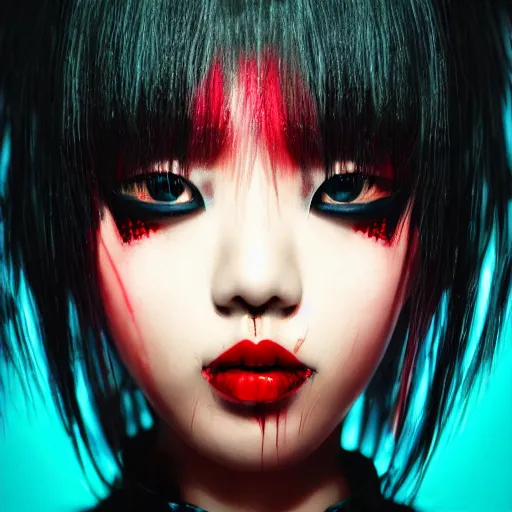 Image similar to asian goth in shinjuku, dark dress, cyberpunk, fashion, biomech, red and turquoise lights, black - red - turquoise - lips, conceptart, highlights, symmetrical, portrait, pretty face, octane, unreal, realism