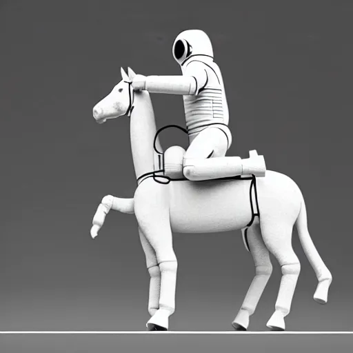 Image similar to an astronaut standing on the ground and a small trippy aggressive centaur standing on that poor human being standing on all fours astronaut raising his arms up, really trying to ride it, the horse is on his shoulders and grabbing them, minimalist style, 3 d render, isometry