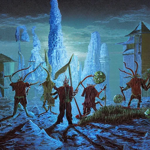 Image similar to Artwork by Tim White of The Chitine King Hian the Demigod, master of Ice, and their hateful haunting of steam mephits and horrifying balors, who plan to take revenge on the party for a perceived wrong done to them long ago.