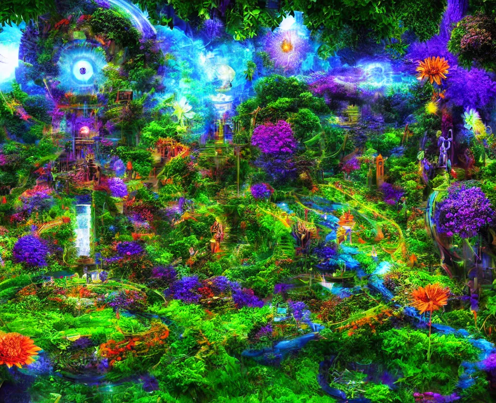 Image similar to techno - spiritual utopian garden, perfect future, award winning digital art