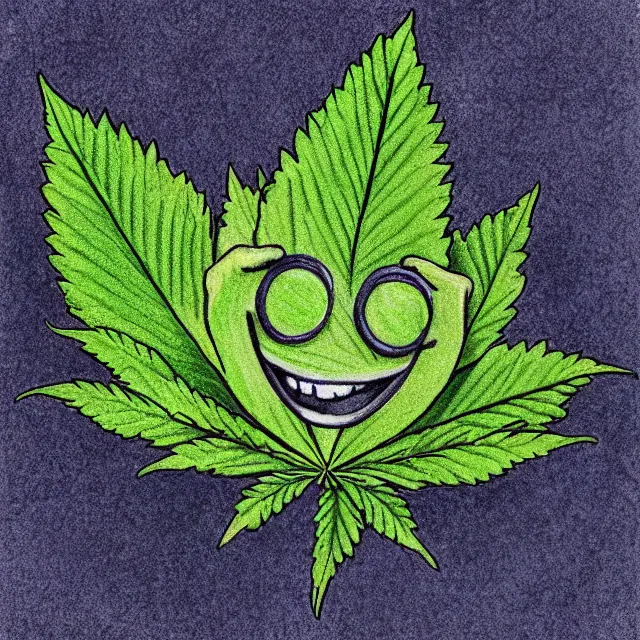 Prompt: cannabis leaf cartoon with a smiling face, colored pencil illustration