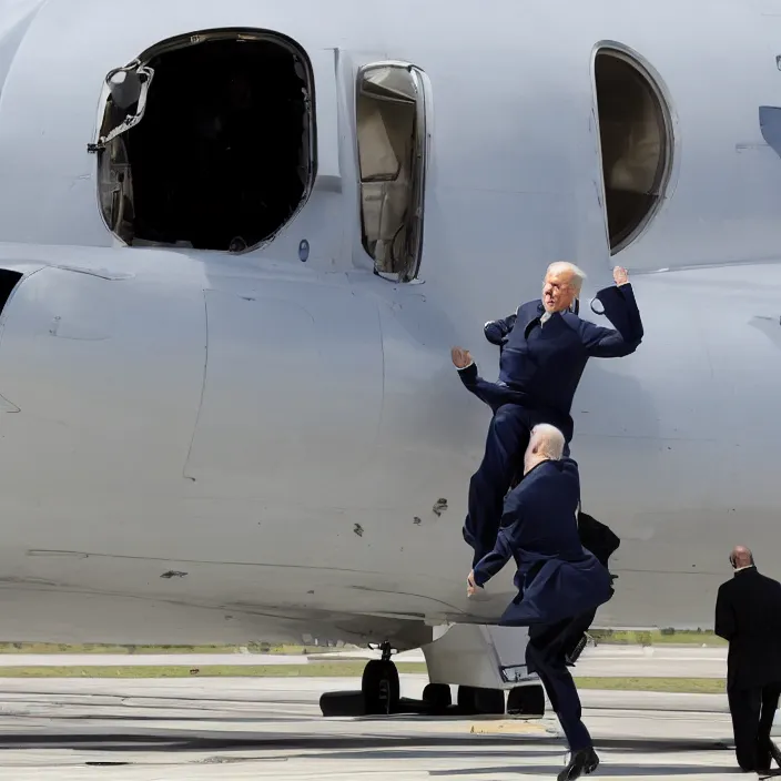 Image similar to joe biden jumping out of an airplane ready for war, sharp detailed photo