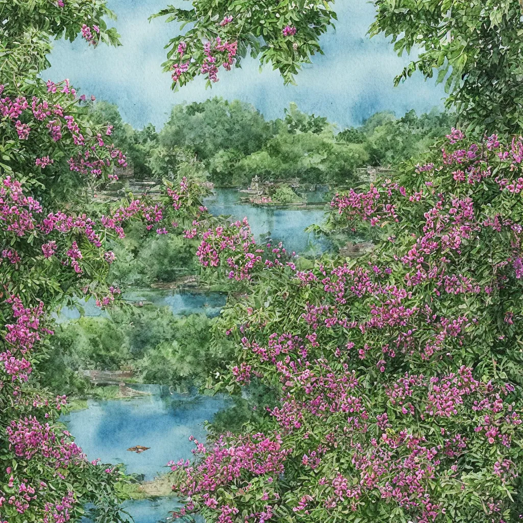 Prompt: isomeric view, delicate lake in a botanic garden, garden road, sparrows, temple in a botanical herbarium paper, watercolor colored painting, iridescent colors, 8 k, realistic shaded, fine details, artstation, italian style, colonnade, ( ( ( vines ) ) ), ( ( ( grapes ) ) ), flowers, architecture, roma