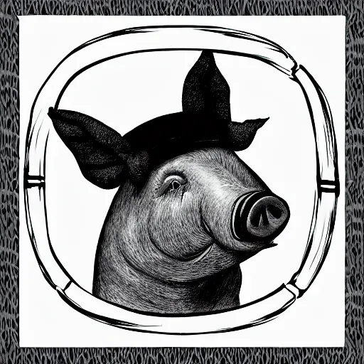 Image similar to pig in crown in style of Micah Ulrich, black and white