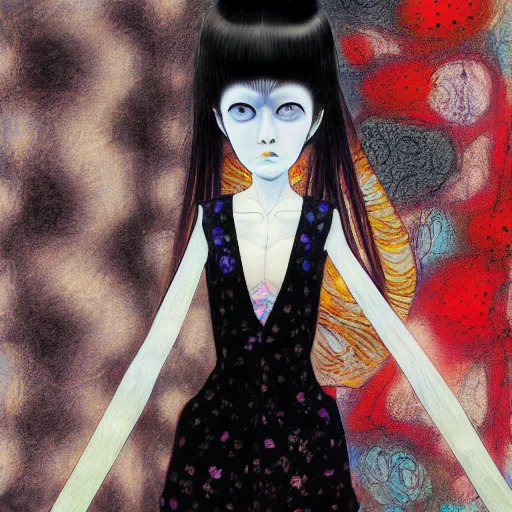 Image similar to yoshitaka amano blurred and dreamy realistic three quarter angle illustration of a young woman with black lipstick and black eyes wearing dress suit with tie, junji ito abstract patterns in the background, satoshi kon anime, noisy film grain effect, highly detailed, renaissance oil painting, weird portrait angle, blurred lost edges